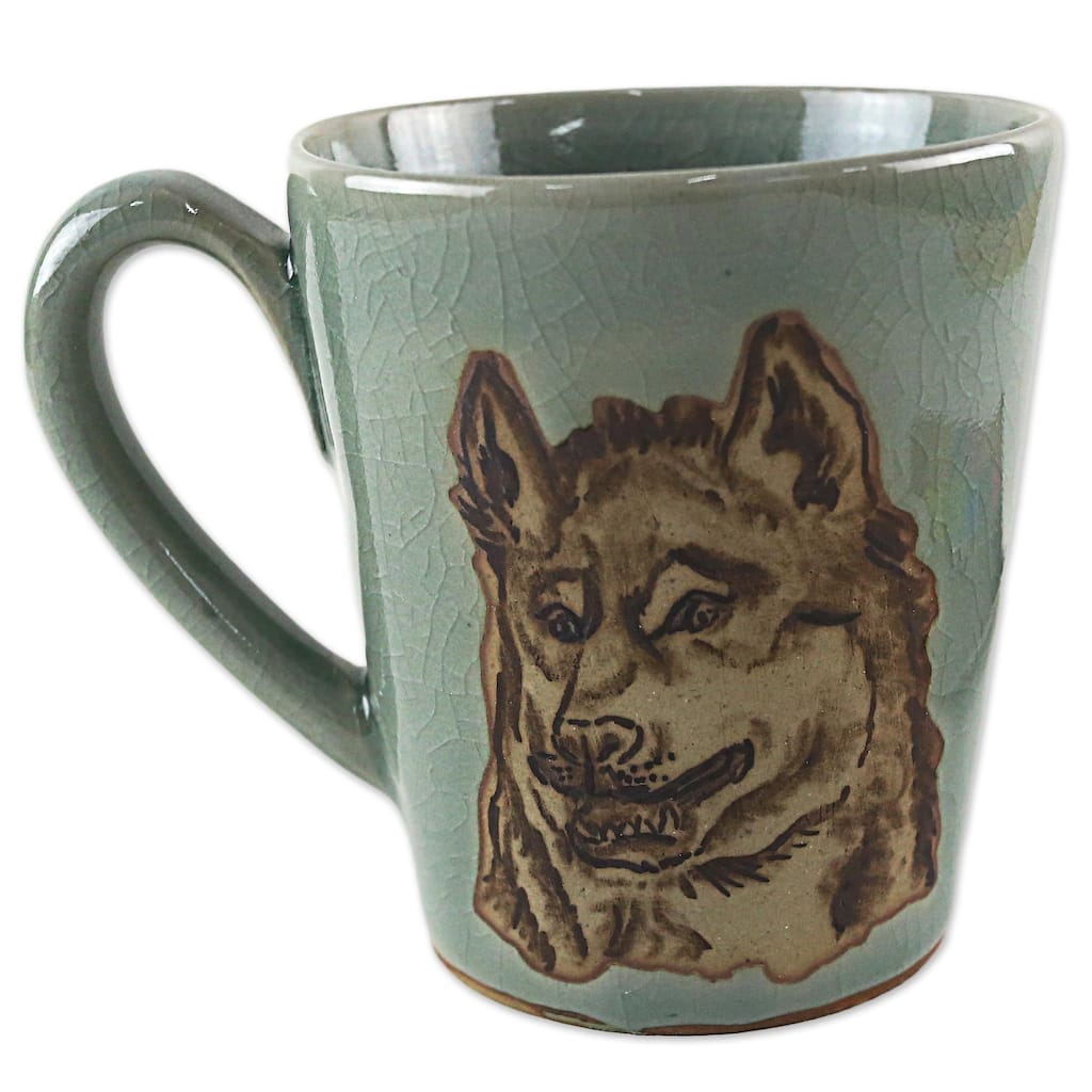 Novica Handmade Lupine Libation Celadon Ceramic Mug