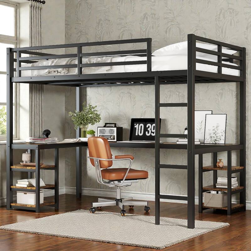 Twin XL Metal Loft Bed with Desk and Shelves, L Shaped Loft Bed Frame with Ladder and Guardrails