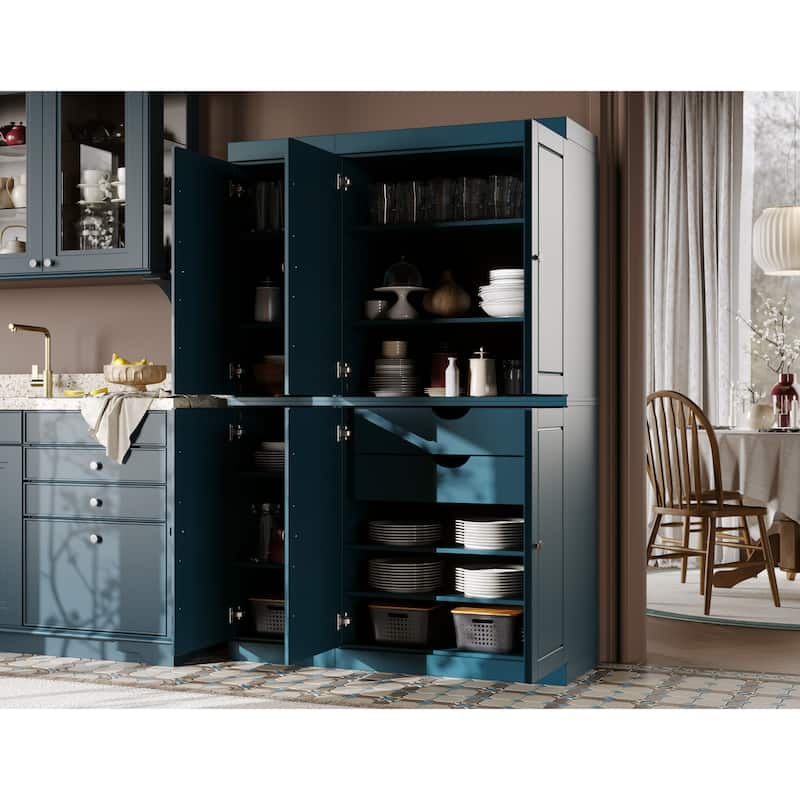 Palace Imports 100% Solid Wood China Pantry with Glass or Solid Wood Doors and 2-Drawers - 48.5" x 71.5" - Teal Blue - Solid