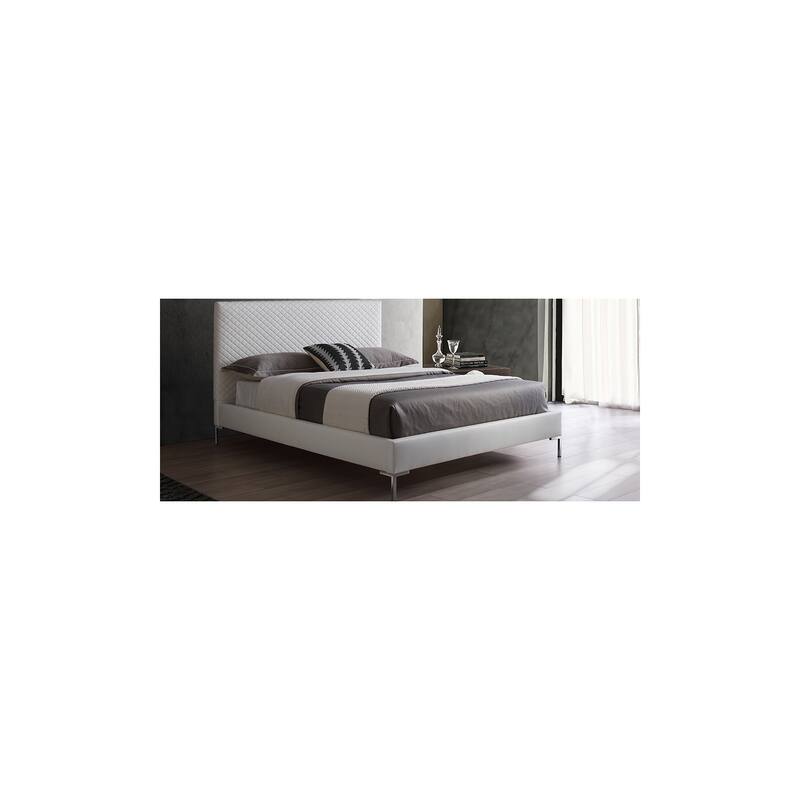 Full Size Bed Frame - Rustic Refinement Upholstered White Faux Leather with Chrome Legs
