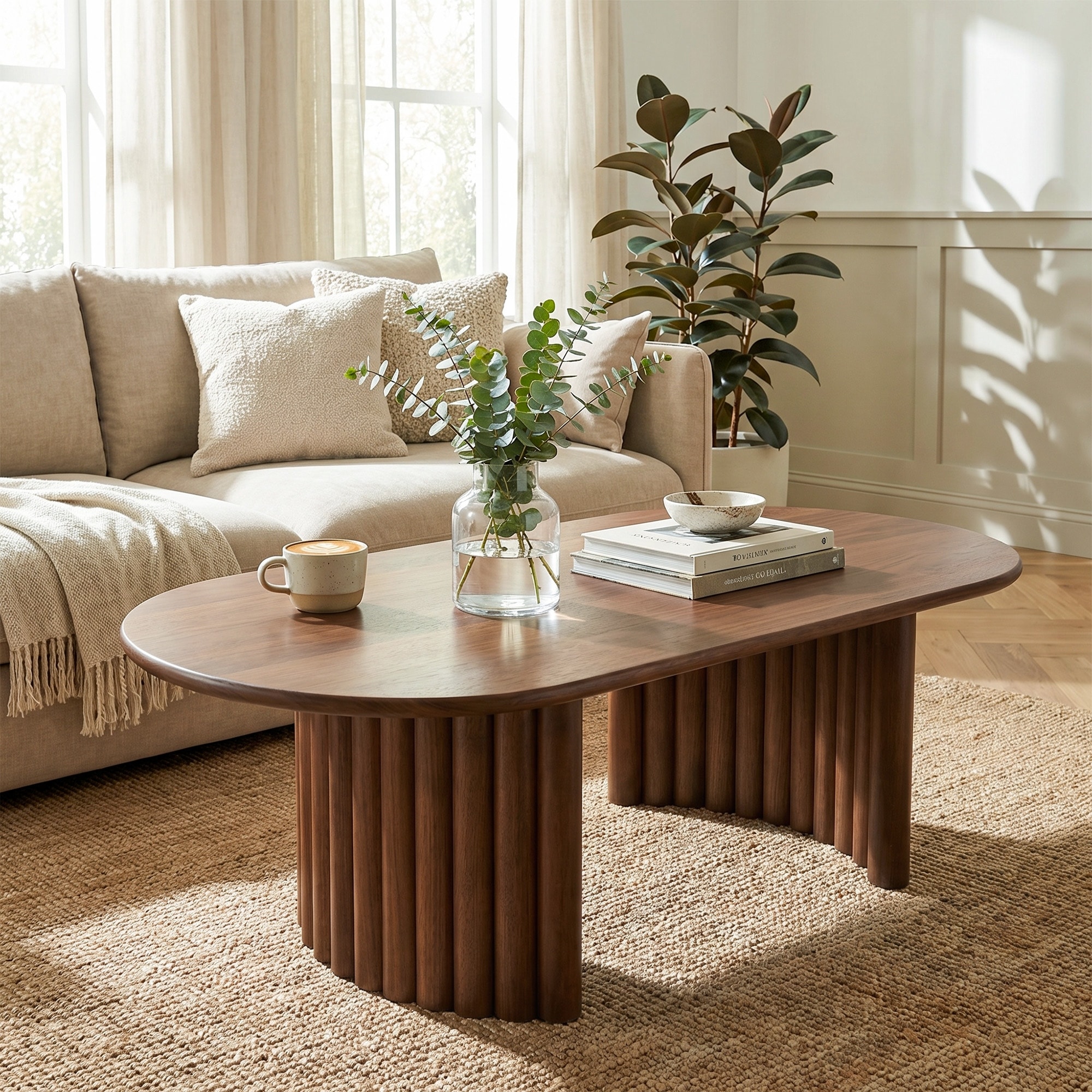 51" Oval Solid Wood Coffee Table Modern Mid-Century Coffee Table with Fluted Double Pedestal Base Contemporary Center Table