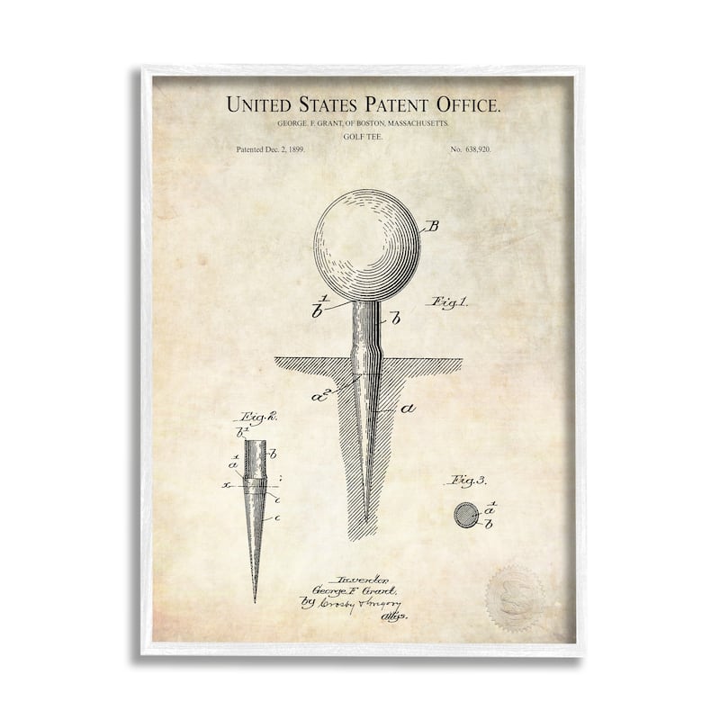 Stupell Golf Ball Tee Patent Blueprint Diagram Outline Framed Wall Art - Beige - 16 x 20 - White