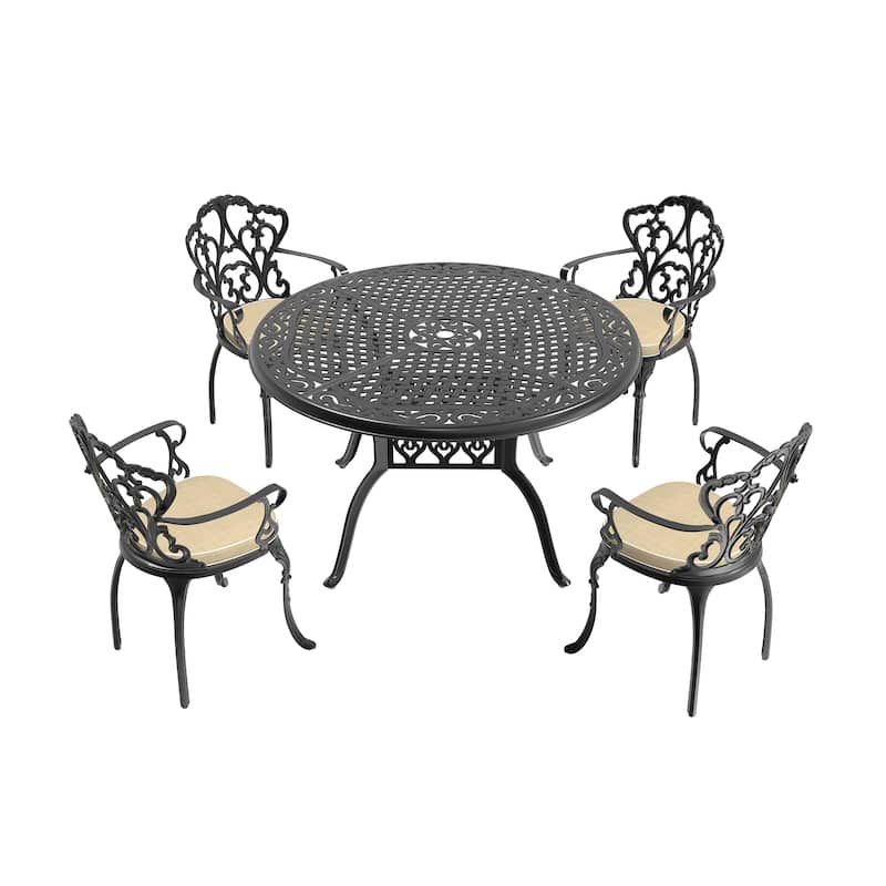 5/7-Piece Cast Aluminum Outdoor Dining Set with 48.03 in. Round Table and Random Color Cushions