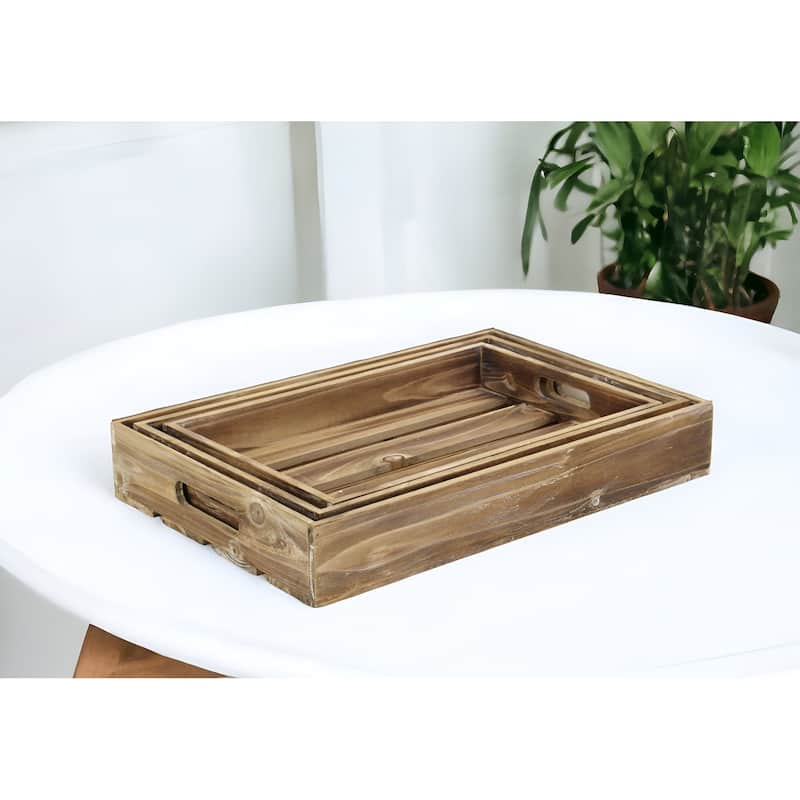HomeRoots 19" Brown Rectangular Wood Handmade Tray With Handles - Brown