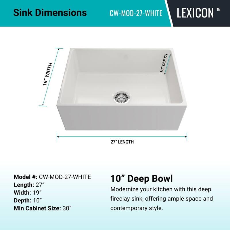 27"x19" Crestwood Farmhouse Sink, White Fireclay Kitchen sink, Single Bowl Apron Front, Plain Farm sink