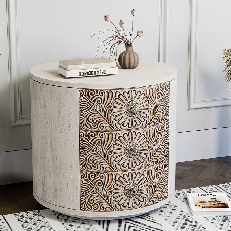SUNBURY Round 3-Drawers Nightstand Accent Storage Cabinet - Daisy-2PC