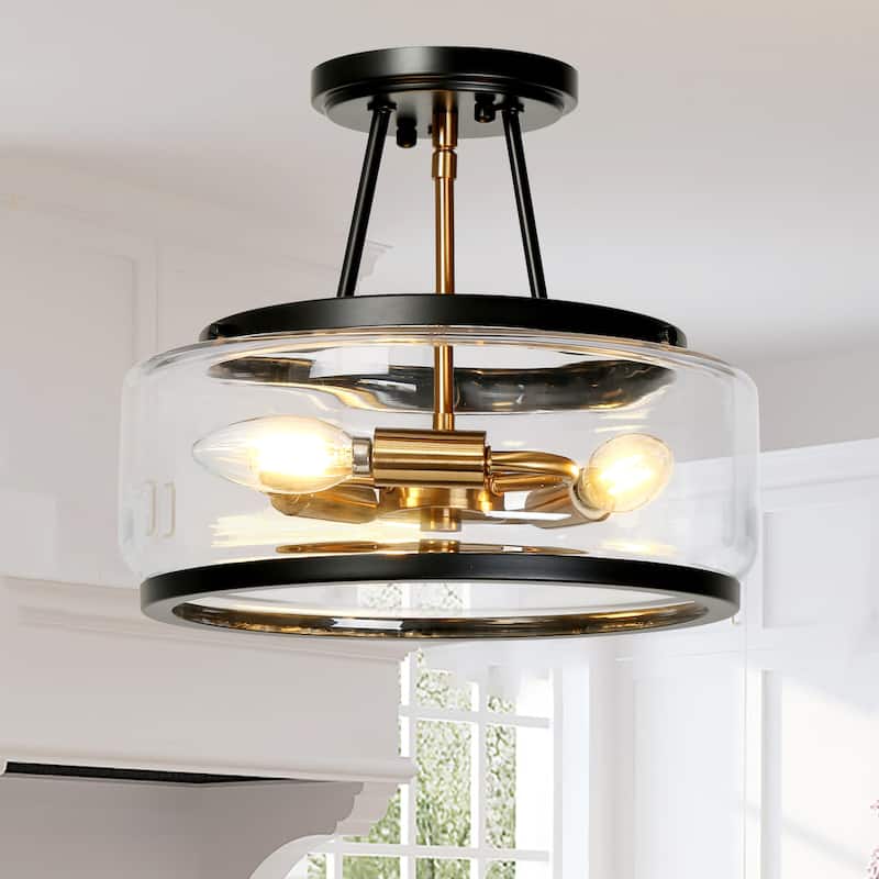 Cozia Farmhouse Black 4-light Drum Semi-flush Mount ceiling Lights Modern Gold Hallway, Entryway, Foyer Lighting - D12'' * H10''