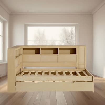 Twin Size Wood Platform Daybed with Storage Shelves, Trundle, USB Charging Station, No Box Spring Needed, Easy Assembly
