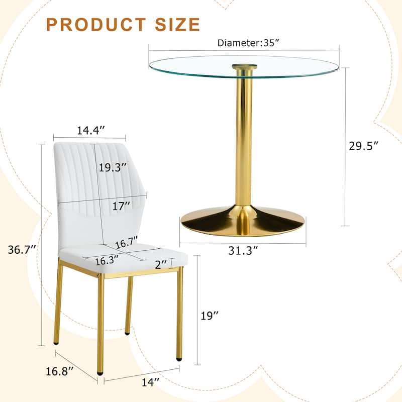 Modern 5-Piece Round Dining Table Set, Compact Dining Table & Chair Set for 4 with 35" Glass Table and 4 Upholstered Chairs