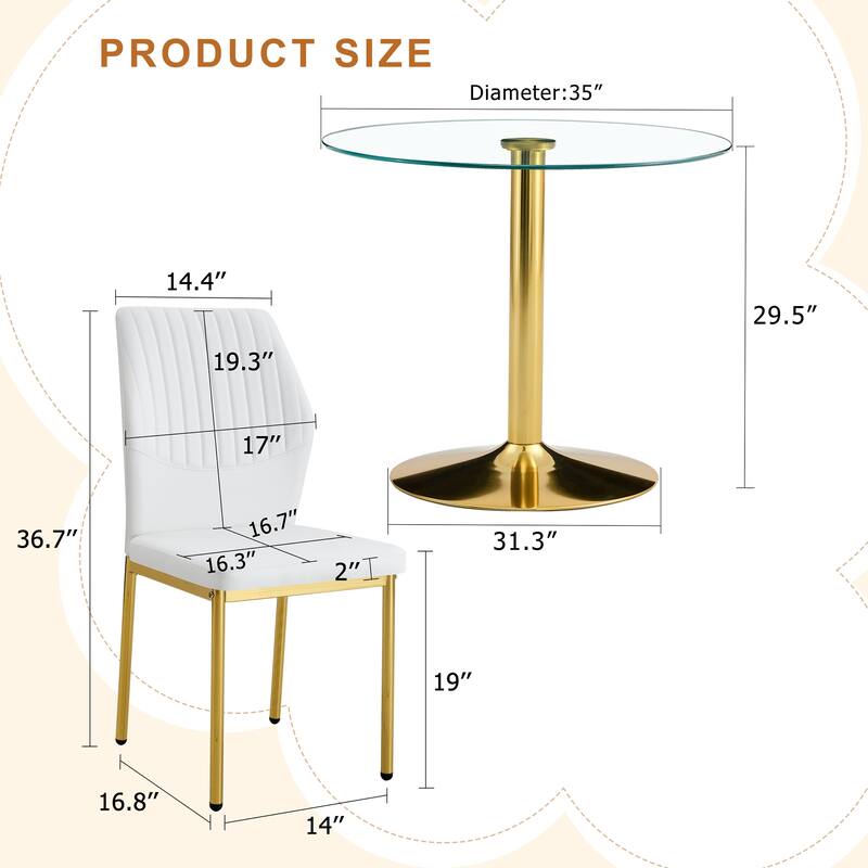 Table and chair set.A 35" Transparent Tempered Glass Round Dining Table-Gold Metal Bracket and Base.Paired with 4 WHITE