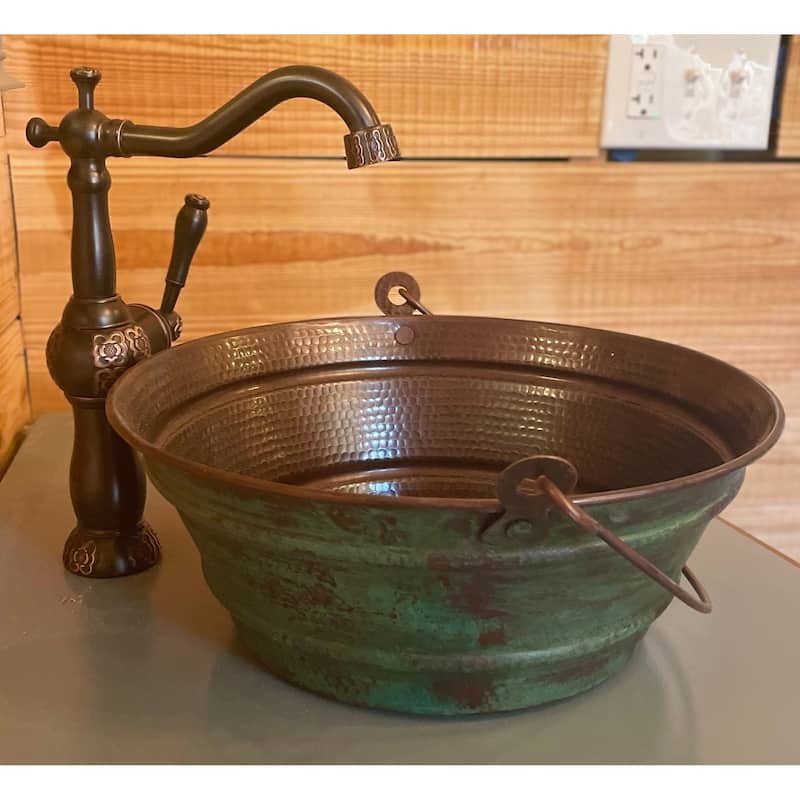 15" Round Copper Vessel Bucket Bathroom Sink with Green Patina Exterior by SimplyCopper - 15" X 15" X 6"