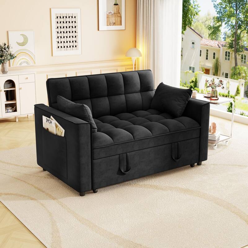 Sleeper Sofa Couch w/Pull Out Bed, Modern Velvet Convertible Sleeper Sofa Bed, Small Love seat Sofa Bed w/Pillows & Side Pockets