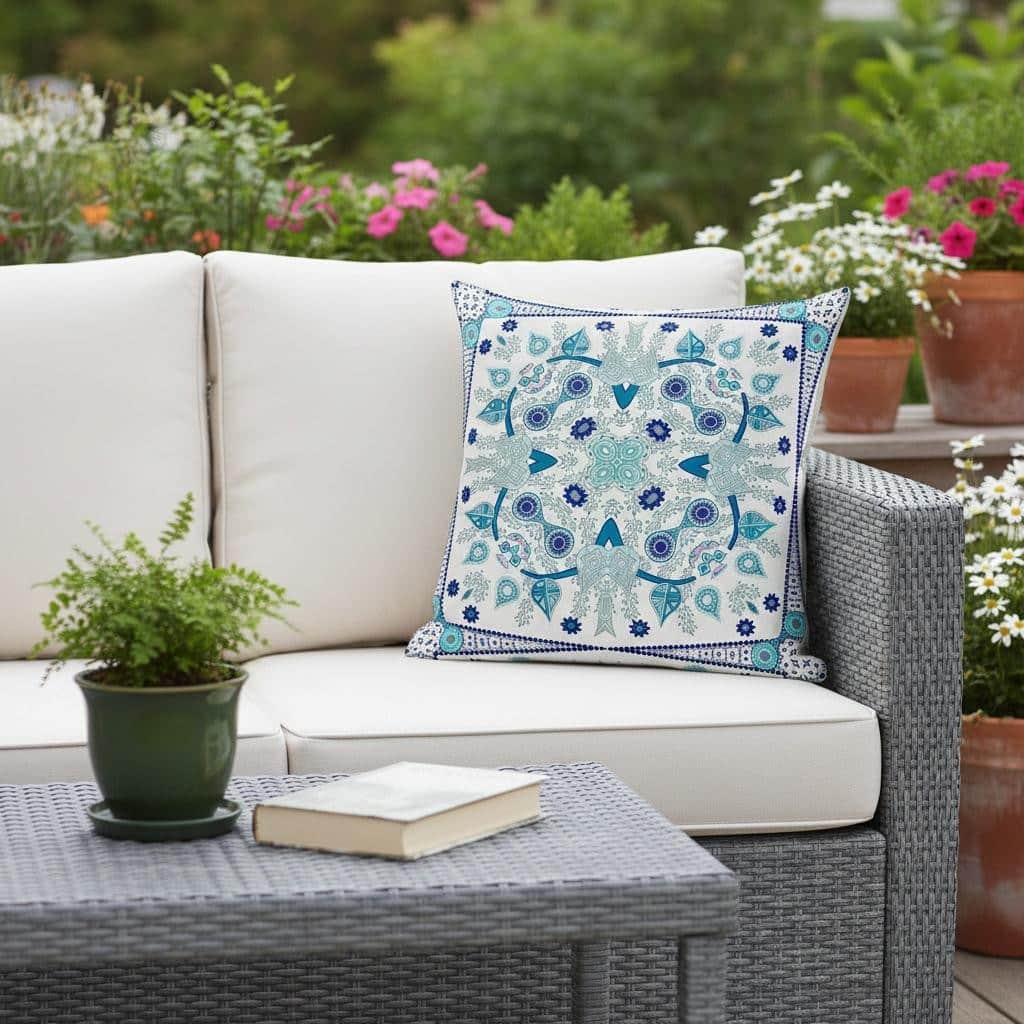 HomeRoots 20" x 20" Blue and White Blown Seam Paisley Indoor Outdoor Throw Pillow - 20.00' X '5.00' X '20.00