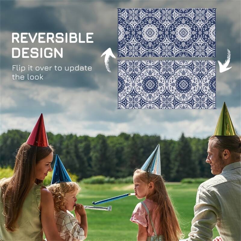 Reversible Outdoor Rug Large Picnic Blanket with Carry Bag for Camping, RV Trips and Backyard Use Blue White Floral