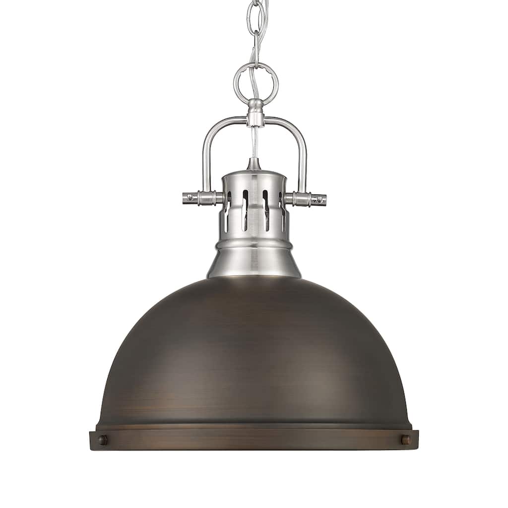 Yep by Golden Lighting Duncan 1-light 14in Chain Hung Pendant in Pewter and Rubbed Bronze shade