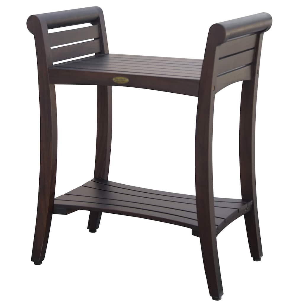 DecoTeak Symmetry 24" Extended Height Contemporary Solid Teak Shower Bench With Shelf And LiftAide Arms in WoodLand Brown Finish