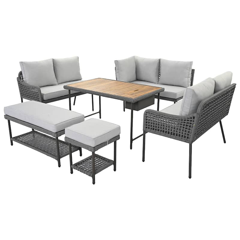 6-Piece Outdoor Patio Rope L-Shaped Sectional Sofa Set with Acacia Wood Table and Ice Box
