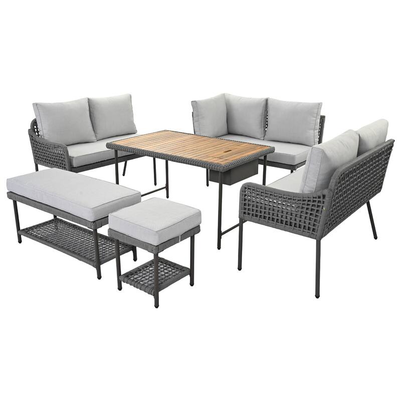 Outdoor 6-Piece Rope L-Shaped Sectional Sofa Set with Acacia Table & Ice Box