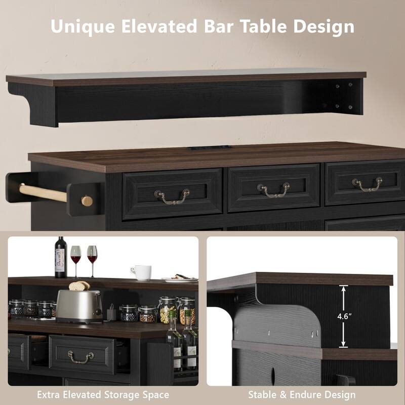 Farmhouse 53.2" Kitchen Island with Power Outlet, Rolling Island Table, Bar Cabinet with Storage 4 Door Shelves and 3 Drawers