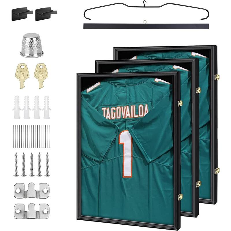 Jersey Frame Display Case Wood Display Case Shadow Box Extra Large Frame with Locks, Hangers, Velvet Pinboard - Set of 3
