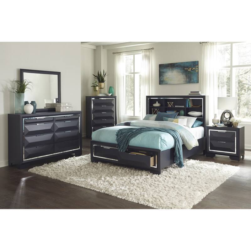 Modern Bedroom Nightstand of Two Drawers Beveled Acrylic Trim Wooden Furniture 1pc, Midnight Blue Finish