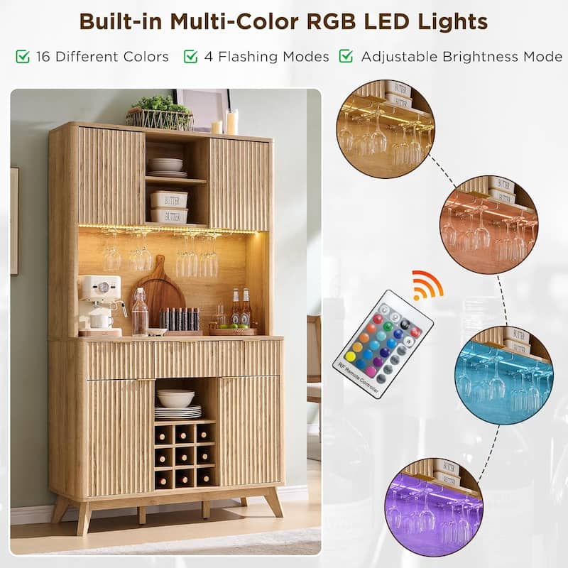 72" Wine Bar Cabinet, Modern Wood Coffee Bar Cabinet with LED Lights
