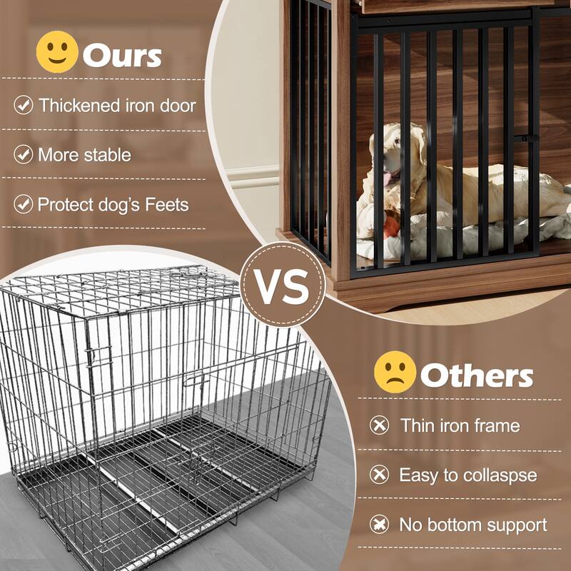 43.3" Dog Crate Furniture with 3 Drawers Indoor Wooden Dog Kennel, 2 Door Dog Cage End Table with Portable Feeder