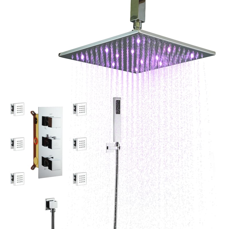 Celling 12 inch LED 3 Function Thermostatic Shower System with 6 Body Jets - Chrome