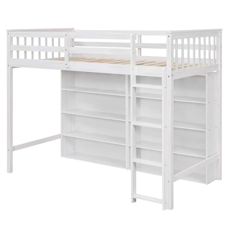 Loft Bed with 8 Storage Shelves and Built-in Ladder