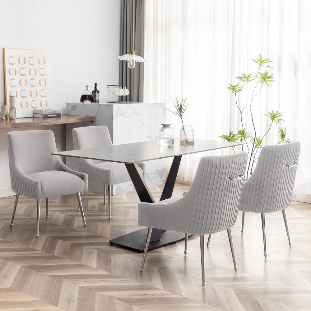 SEYNAR Modern Velvet Pleated Finish Back Dining Chair Set of 4 with Rear Handle
