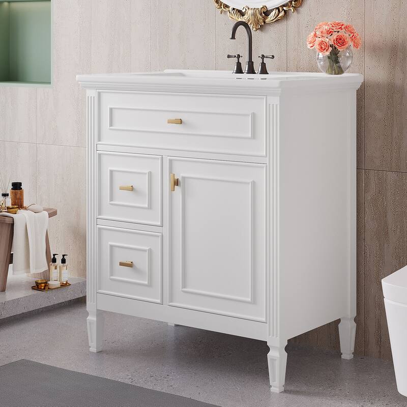30" White Bathroom Vanity Cabinet with Sink, Flip Drawer, Adjustable Shelf and 2 Drawers - 30 in.W x 18.4 in.D x 33.7 in.H