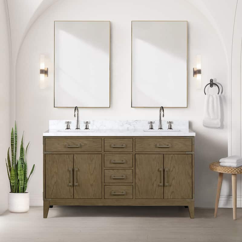 Lexora Laurel Bath Vanity, Carrara Marble Top, and Mirror - 60 Inch - Grey Oak