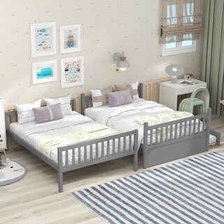 Full Over Full Bunk Bed w/ Trundle Convertible to 2 Full Size Platform Bedframe, Full Bunk Bed Frame w/ Ladder and Safety Rails