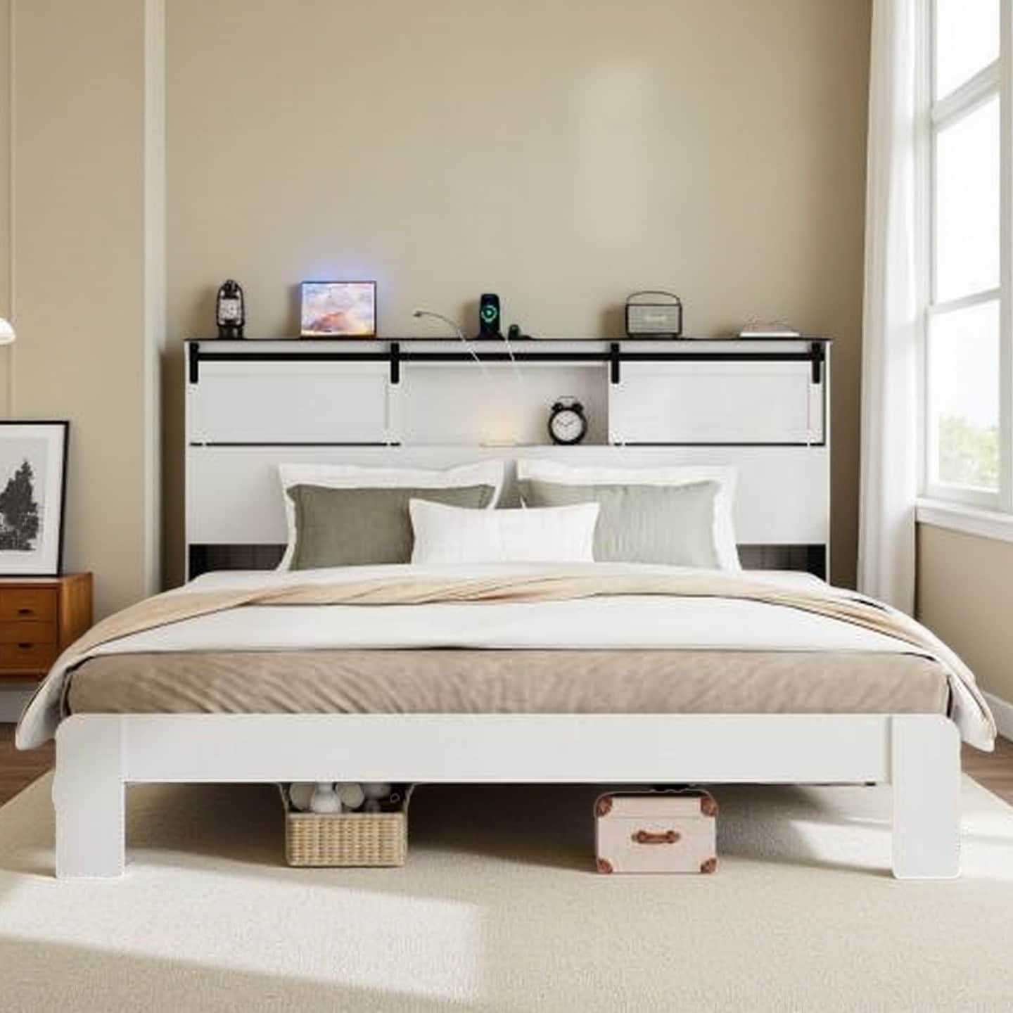 Wood+Metal Platform Bed with Storage Headboard and Built-in USB Charging Ports - Sturdy Noise-Free Frame