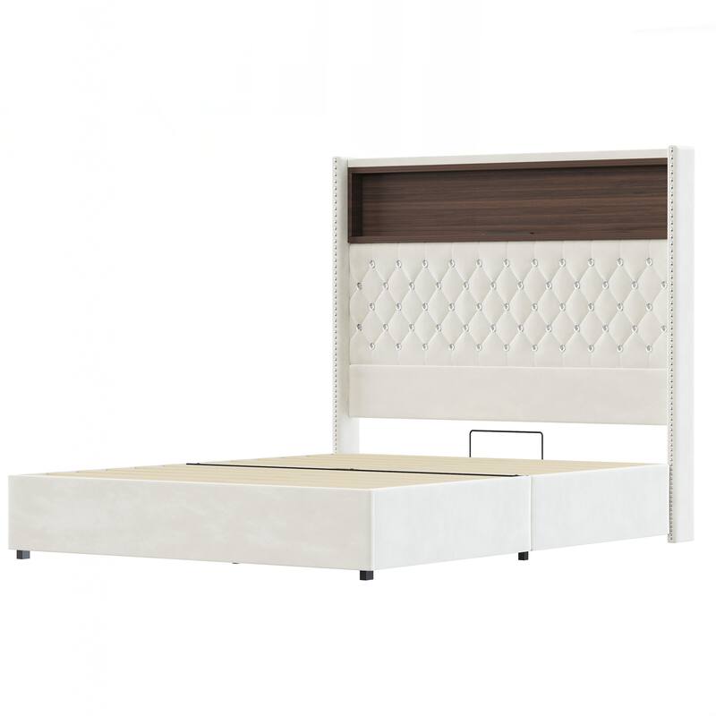 Full Size Tufted Soft Bed Frame with USB Port and Night Light