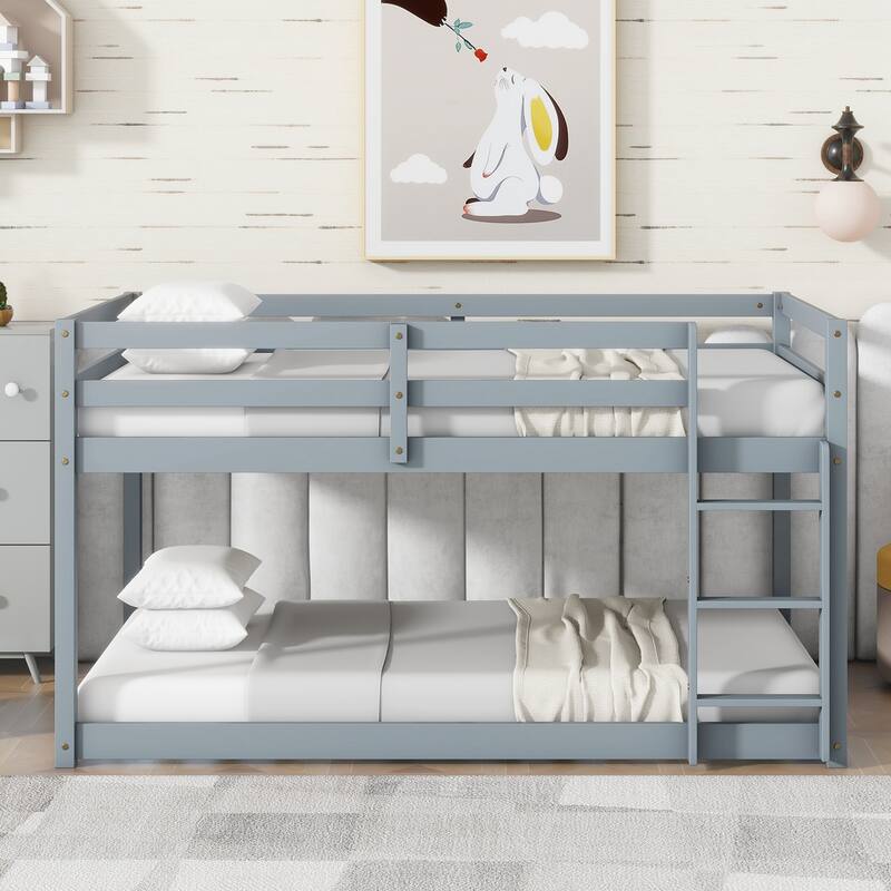 Wooden Twin over Twin Floor Bunk Bed with Ladder ,Upper and Bottom Bed Platforms