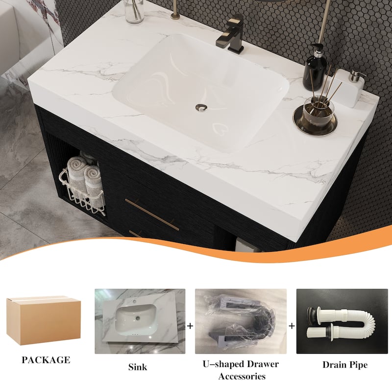 29.9-inch floating bathroom vanity with sintered stone countertop and ceramic undermount sink