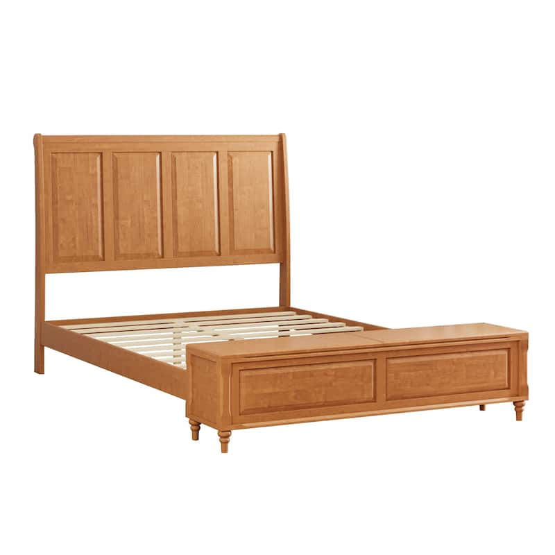 GDFStudio - Traditional Solid Wood Sleigh Bed Frame with High Paneled Headboard & Storage Chest Bench, No Box Spring Needed