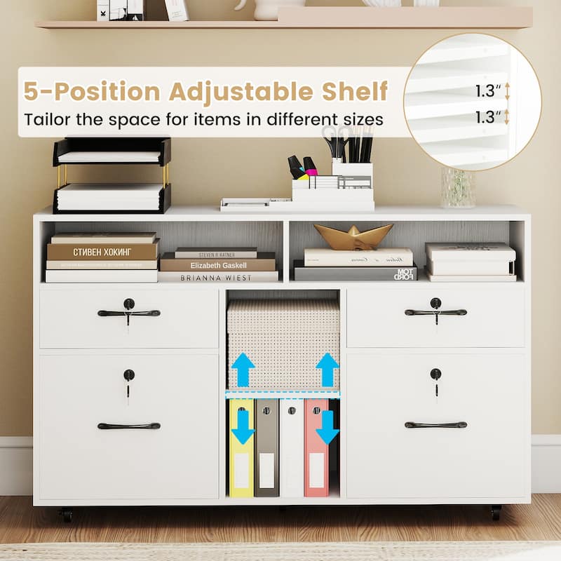 White Mobile File Cabinet with Lock 4 Drawers Adjustable Compartments and Casters