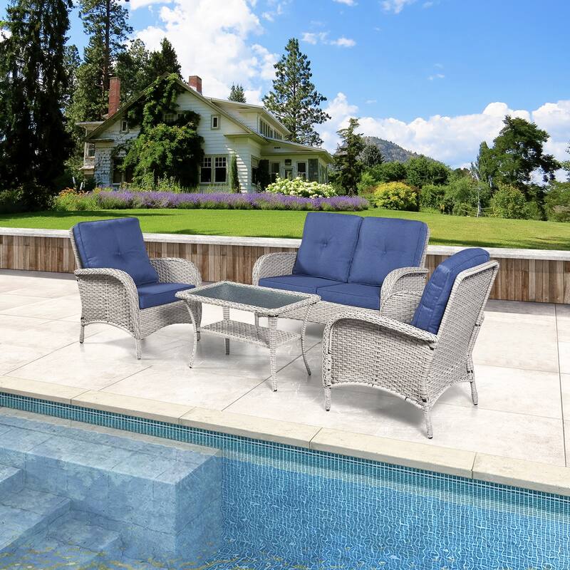Gymojoy 4-piece Outdoor Sofa Chair Table Set with Cushion - Grey/Blue