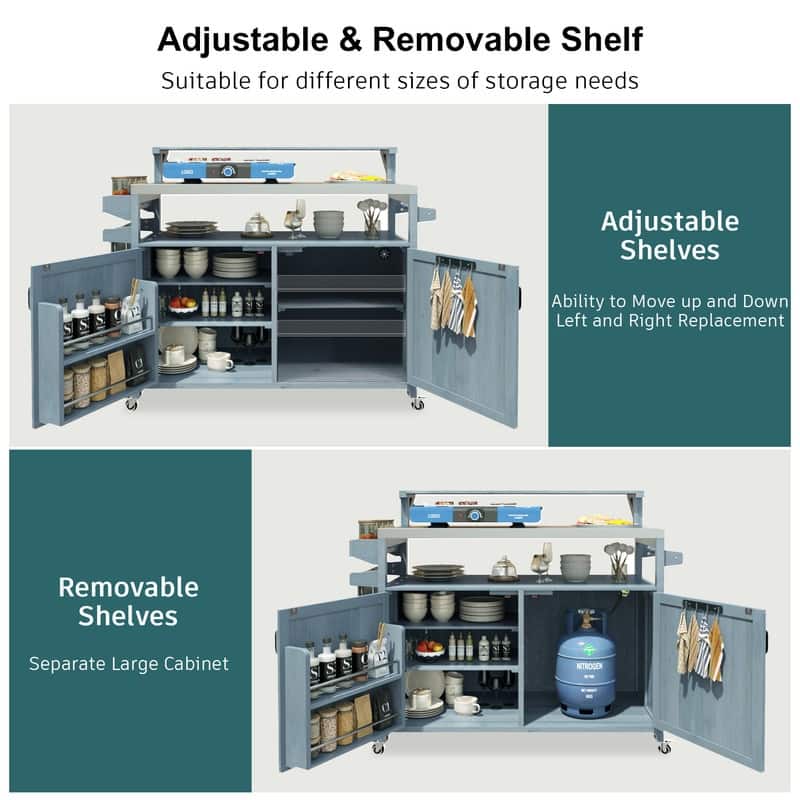 Outdoor Kitchen Island, Solid Wood Storage Cabinet with Stainless Steel Top and Lockable Wheels