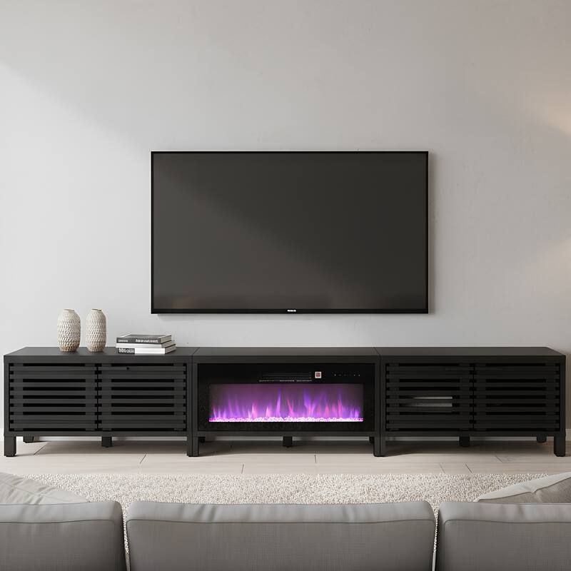 115" Mid-Century Modern Black Electric Fireplace TV Stands for TVs up to 120" with Remote