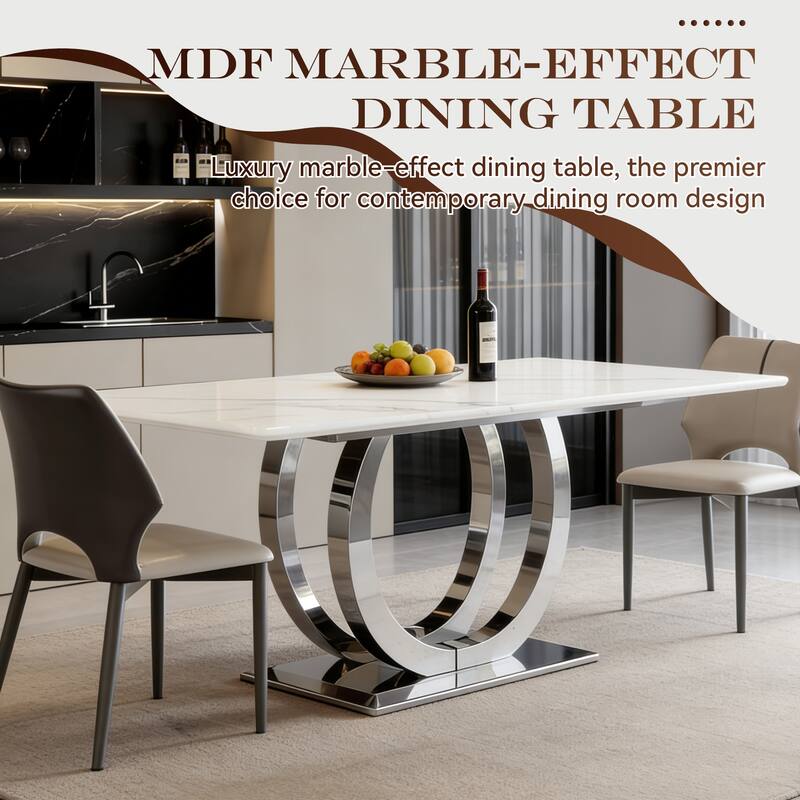69.30 Inch Rectangular Dining Table, Modern Simple, Marble Tabletop, MDF Tabletop, Suitable For 4-6 People - Silver+White