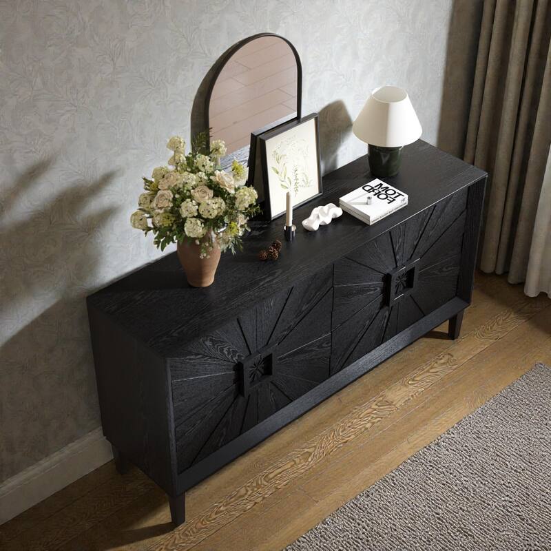 60'' Rustic American Farmhouse Credenza with Sunburst Doors, Antique Wood TV Stand with Adjustable Shelves