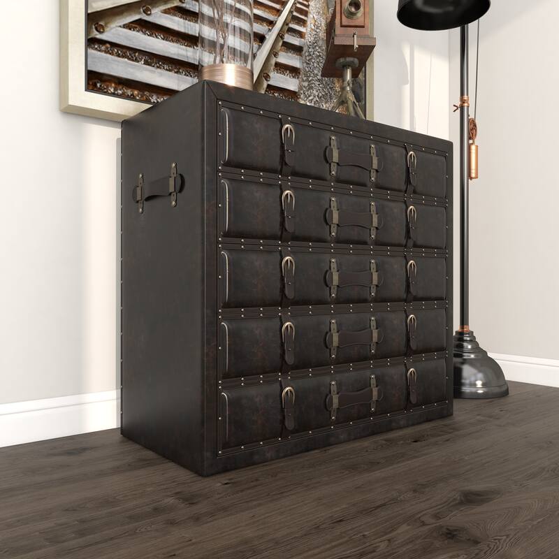 Black Wooden Vintage Faux Leather Room Chest with Buckles and Straps Detailing