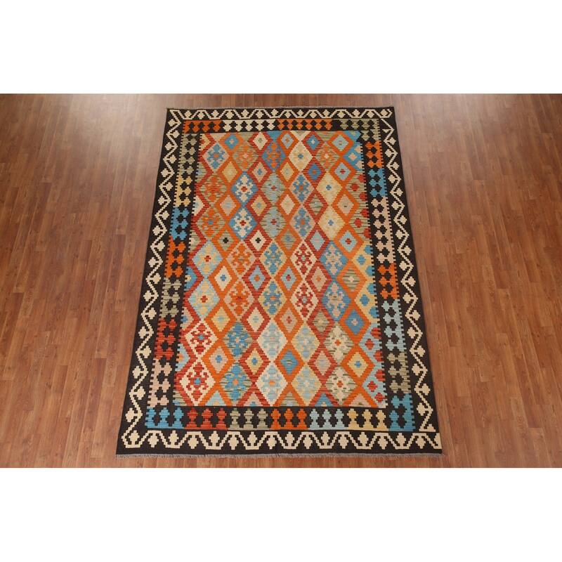 Hand Woven Oriental 100% Wool Carpet Southwestern Geometric Oranges & Rust Kilim Area Rug - 9' 9'' X 6' 8''