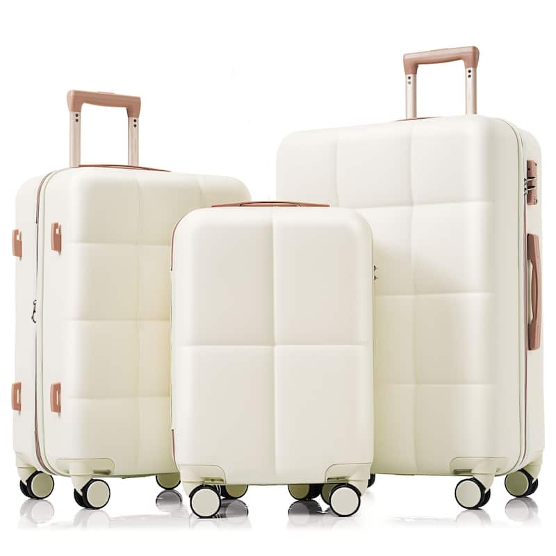 3-Piece, Modern Luggage Sets Hard Shell Luggage with Cup Holder and Spinner Wheels, for Boarding Travel, White - Gold