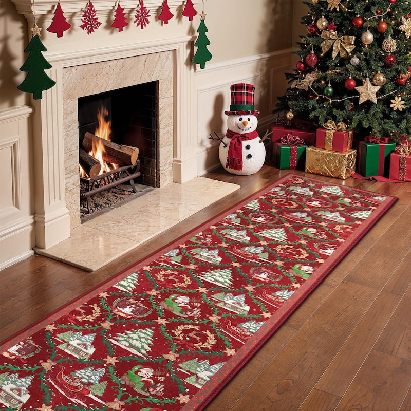 Mcow Christmas Motif Low-Pile Non-Slip Machine-Washable Area Rug
