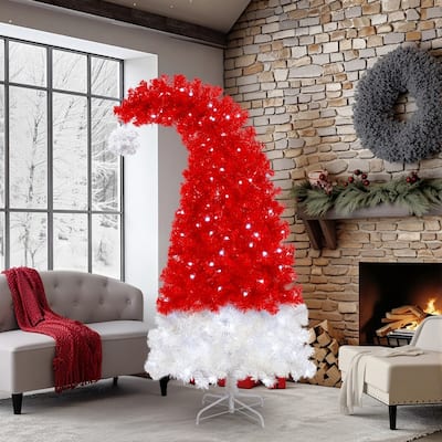 6FT Santa's Hat Shape Artificial Hinged Curved Xmax Christmas Tree with LED Light