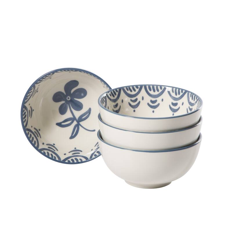 Bloomhouse - 2-Time Oprah's Favorite Things - Valencia Flor 4 Piece 6" Cereal Bowl Set, Stoneware Floral Decal Design - Blue Iris